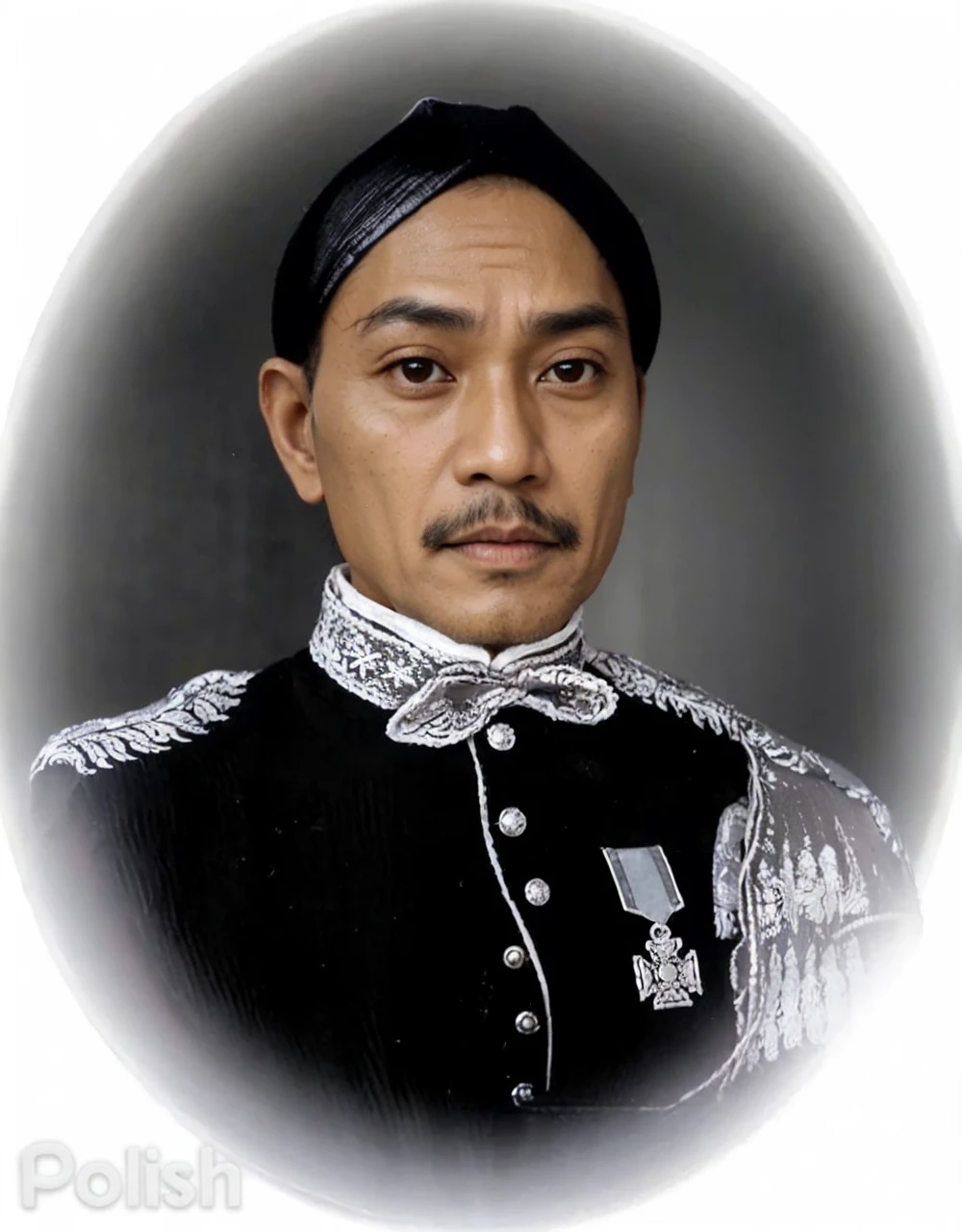 Indonesian Muslim man, wearing kanigaran type clothes with the nuances of a great king and blangkon type headgear, naturally wrinkled brown skin, aged 40 years or above, clear clean eyes, natural long eyebrows, thin mustache, closed mouth, realistic HD quality image.