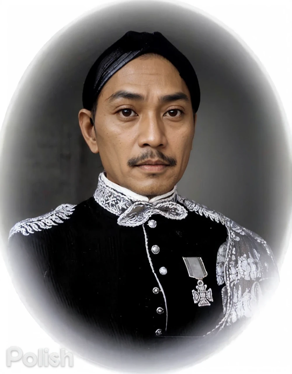 Indonesian Muslim man, wearing kanigaran type clothes with the nuances of a great king and blangkon type headgear, naturally wrinkled brown skin, aged 40 years or above, clear clean eyes, natural long eyebrows, thin mustache, closed mouth, realistic HD quality image.