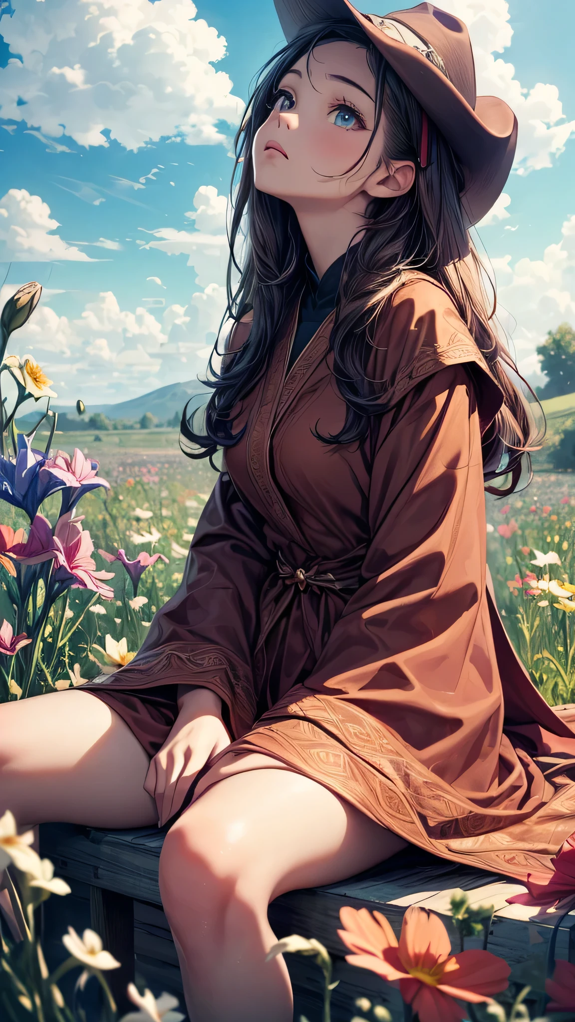 (Highest quality, masterpiece), Turquoise Screen Filter, (One girl, alone, Brown robes, expression, look up, Sitting, Wide sleeves, Iris, Long Hair, Cowboy Shot), (sunny, Cosmos field, cloud),