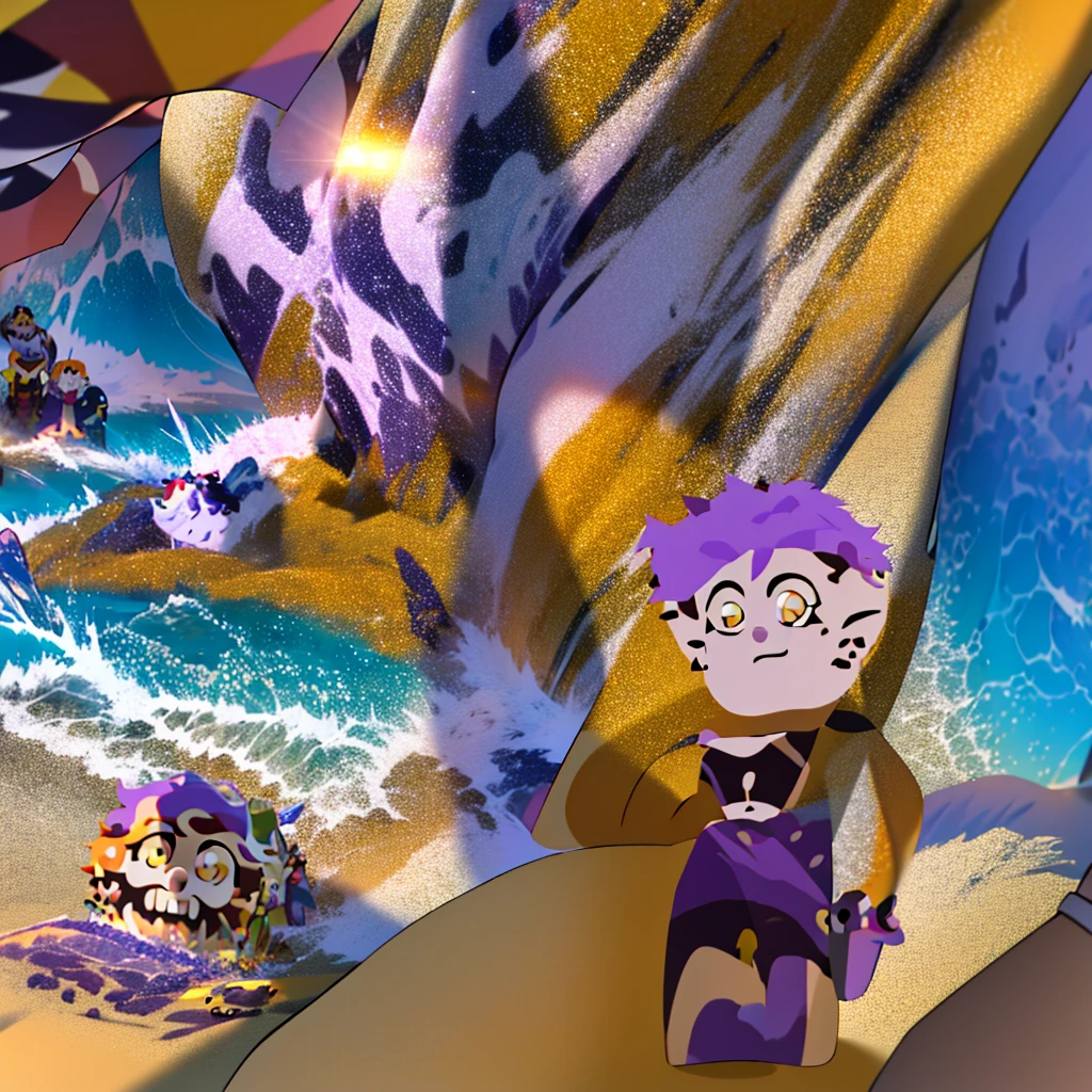 dandonfuga, score_9, score_8_up, score_7_up, score_6_up, score_5_up, score_4_up, (2girls).
Amity Blight, smile, pale skin, yellow eyes, purple hair, undercut brown hair, multicolored hair, pointy ears, ponytail, hair ornament, earrings, mesh cover-up clothes, bikini, purple bikini top, purple bikini bottom, open clothes, walking on beach.
latina, Adult_Luz_Noceda, view of full body, short curly hair, dark skin, brown hair, brown eyes, scar in left eyebrow, blue bikini