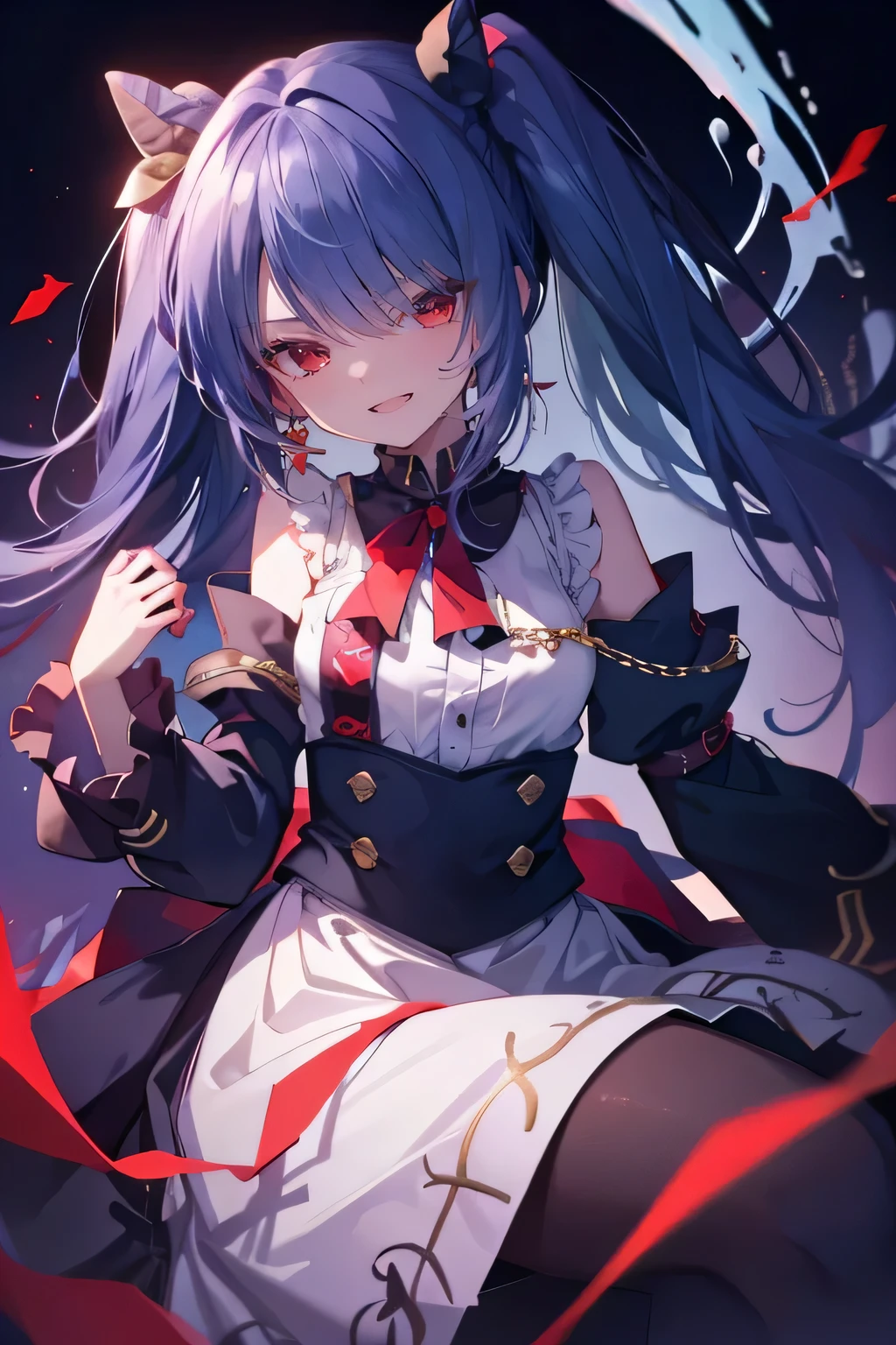 (8K、Best image quality、Highest quality、masterpiece)、Detailed face、1 Girl、Red eyes、Earrings、Wicked Smile、teeth、Grin、Small breasts、dark blue long hair