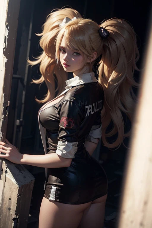 (((Full and soft breasts,)))(((Huge breasts))) (((Cleavage))) (Perfect curvy figure),1girl blonde ((Best quality)), ((masterpiece)), Abandoned brutalist architecture in Pripyat,(Blood Rain), Hyper-realistic SLR photos, Nikon D5 Black,dark,FOG,fear,(resident Evil),