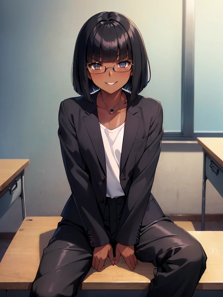 (1 girl solo),(dark skin:1.5),(masterpiece:1.2), highest quality, High resolution, unity 8k wallpaper, (fine and beautiful eyes:1.6), highly detailed face, perfect lighting, Detailed CG, (perfect hands, perfect anatomy),20 years old, (black hair:1.3), detailed eyes, best quality, extremely detailed, very precise detailed, (glasses:1.4), , (straight hair:1.5), (evil smile:1.4) ,long sidelocks, (blush:1.3),(gakuran,long pants:1.5),(short Bobbed hair:1.4),(blunt bangs:1.4), (greaming skin:1.3),(in class room:1.3),(sit on desk:1.4),(spread legs),(flat chest:1.3),(open dakuran.shirt under gakuran:1.4)