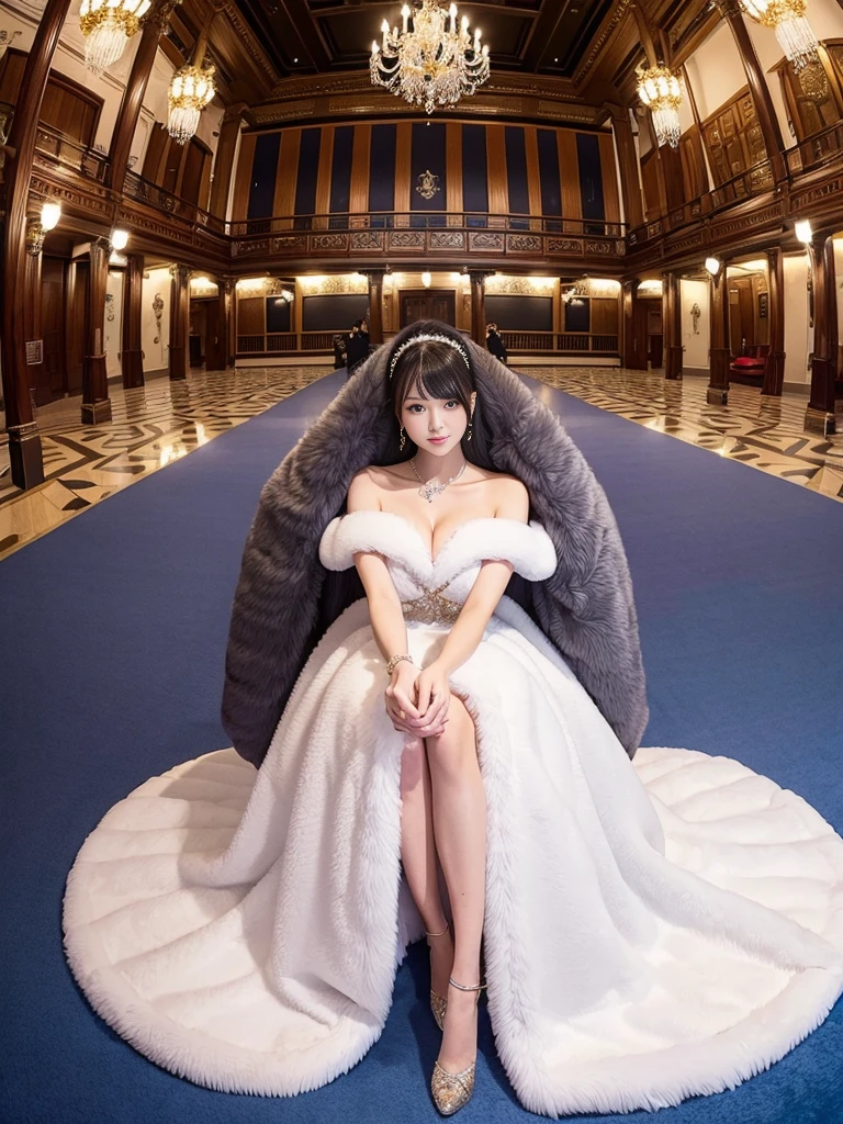 Woman in luxurious dress。Fur Cape。Four women。Watching the audience。Fairytale room。Fluffy carpet。Fisheye Lens