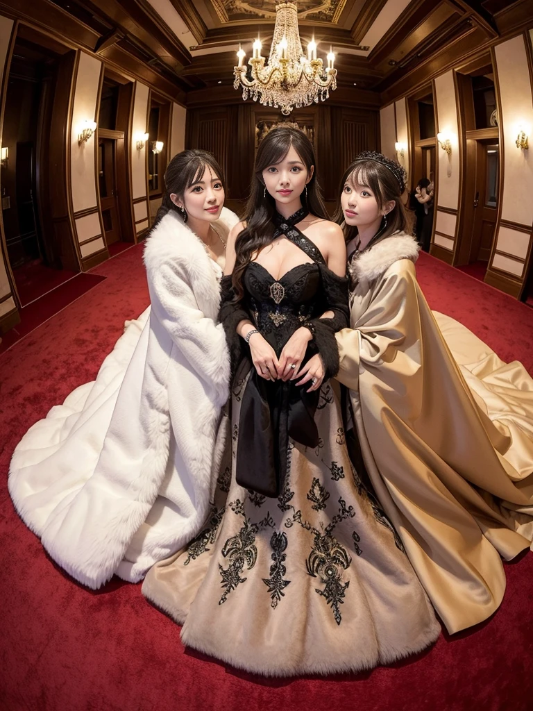 Woman in luxurious dress。Fur Cape。Four women。Watching the audience。Fairytale room。Fluffy carpet。Fisheye Lens