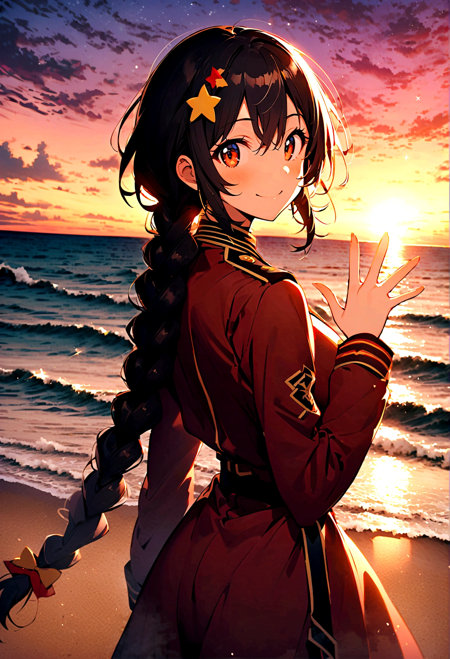 1 girl, One,smile, beach,(sunset:1.1),  akagi_Also(Denchi Project), One,  star hair ornament, double braids,sparkle, behind, looking back, huge sunset,Red Floating, uniform, night, waving, Sea