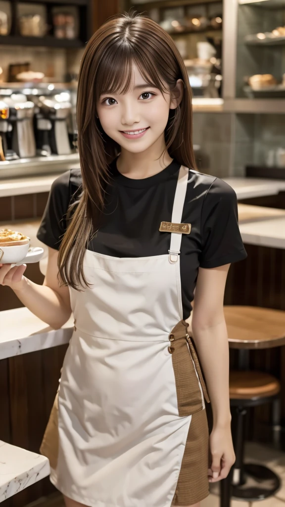 masterpiece, Highest quality:1.1), (8K, RAW Photos, Photo Real:1.2, f22), (Shiny skin), Detailed skin,Long Hair,Detailed face, Fine grain, smilee,break, Real World, Intricate details, smile, break, One girl, (,Short sleeve dress), whole body,break, (Cafe:1.4), Brown Hair、one piece、skirt、whole body