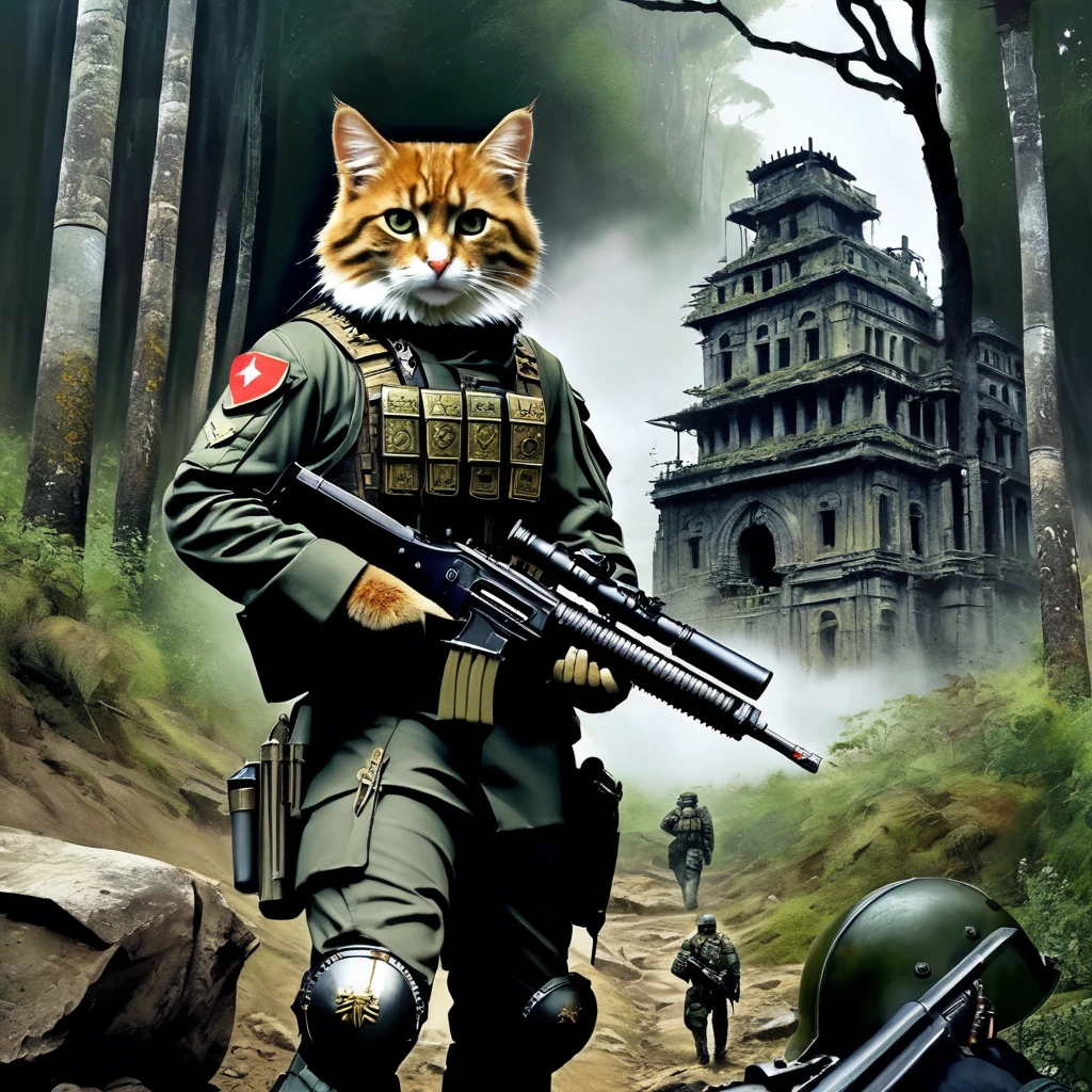 Dystopian Cat, (Adventurer's Costume), wealthy_Dense forest, Spectacular ruins, Amazing details, Great quality, masterpiece, . dark, Post-apocalyptic, dark, dramatic, Man in highly detailed military uniform、Equipped with a machine gun、Equipped with a complex gear mechanism, dramaticな明暗法, The essence of realistic oil painting, Reminiscent of Raphael&#39;work, Caravaggio, Greg Rutkowski, Beep, Beksinski, Giger, Ultra-fine detail.rendering in the unreal engine, Ultra-Realistic Details. Surrealism. Dramatic lighting