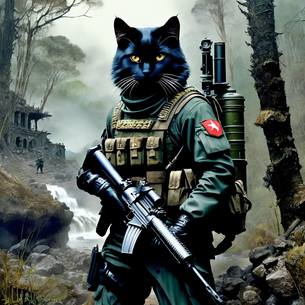 Dystopian Cat, (Adventurer's Costume), wealthy_Dense forest, Spectacular ruins, Amazing details, Great quality, masterpiece, . dark, Post-apocalyptic, dark, dramatic, Man in highly detailed military uniform、Equipped with a machine gun、Equipped with a complex gear mechanism, dramaticな明暗法, The essence of realistic oil painting, Reminiscent of Raphael'work, Caravaggio, Greg Rutkowski, Beep, Beksinski, Giger, Ultra-fine detail.rendering in the unreal engine, Ultra-Realistic Details. Surrealism. Dramatic lighting