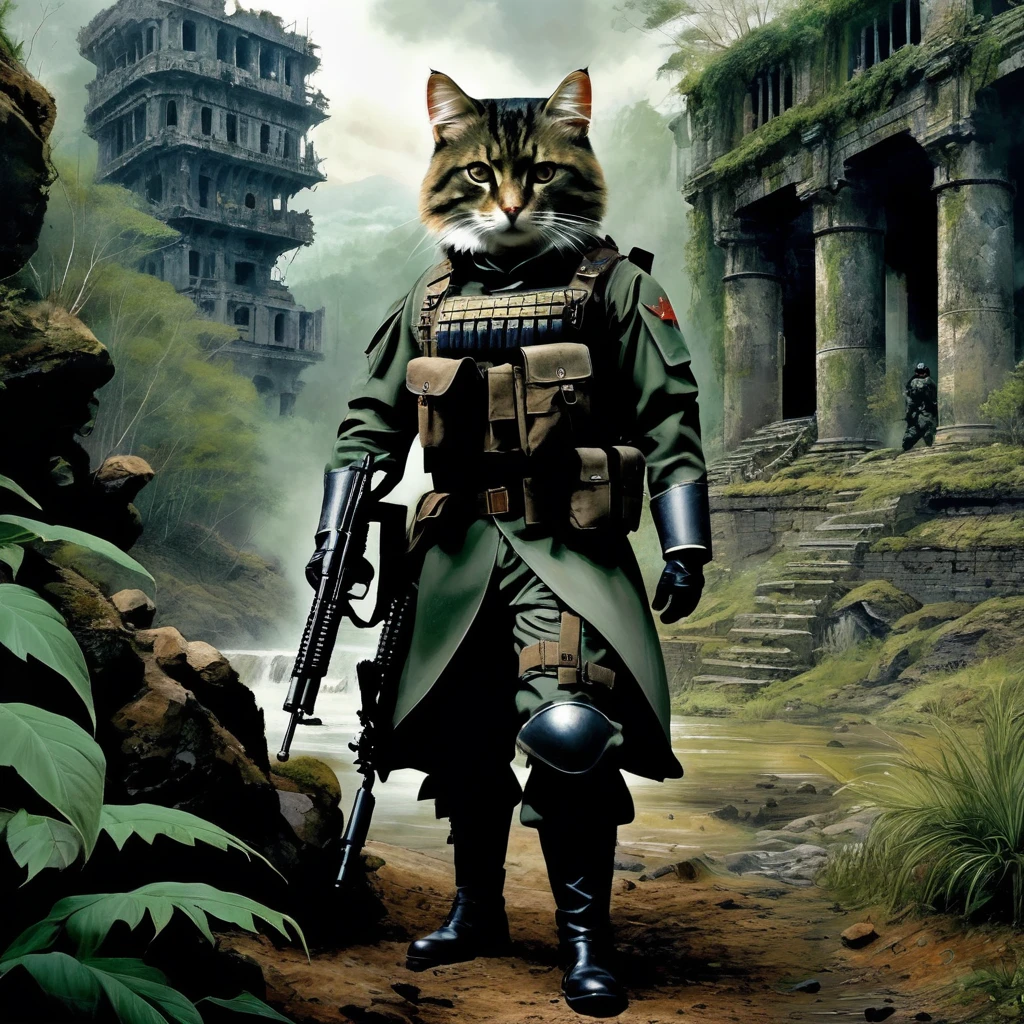 Dystopian Cat, (Adventurer's Costume), wealthy_Dense forest, Spectacular ruins, Amazing details, Great quality, masterpiece, . dark, Post-apocalyptic, dark, dramatic, Man in highly detailed military uniform、Equipped with a machine gun、Equipped with a complex gear mechanism, dramaticな明暗法, The essence of realistic oil painting, Reminiscent of Raphael&#39;work, Caravaggio, Greg Rutkowski, Beep, Beksinski, Giger, Ultra-fine detail.rendering in the unreal engine, Ultra-Realistic Details. Surrealism. Dramatic lighting