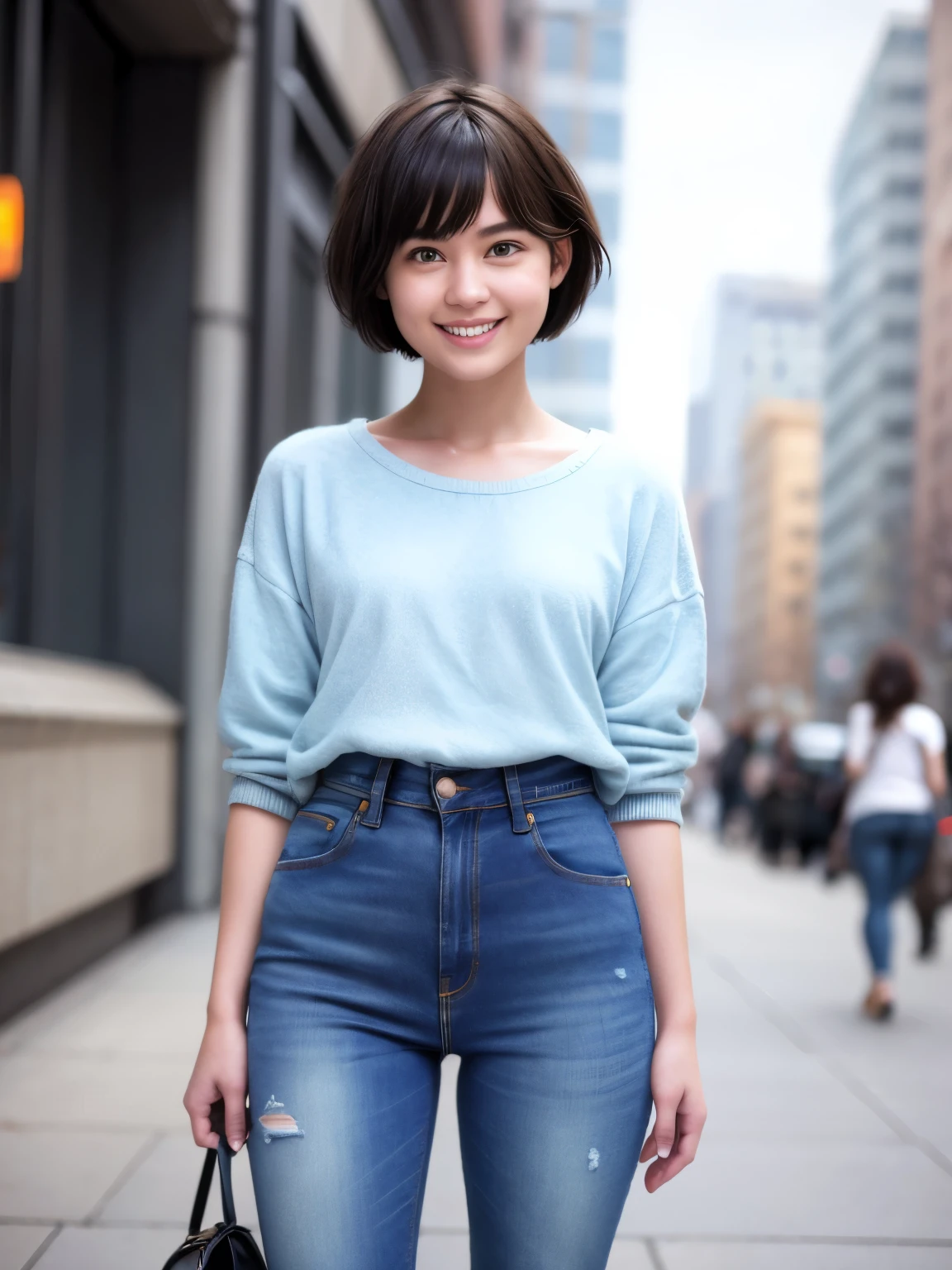 255 19-year-old female, (short hair),jeans, smile