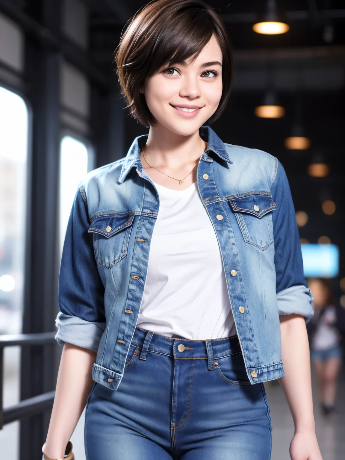 255 19-year-old female, (short hair),jeans, smile