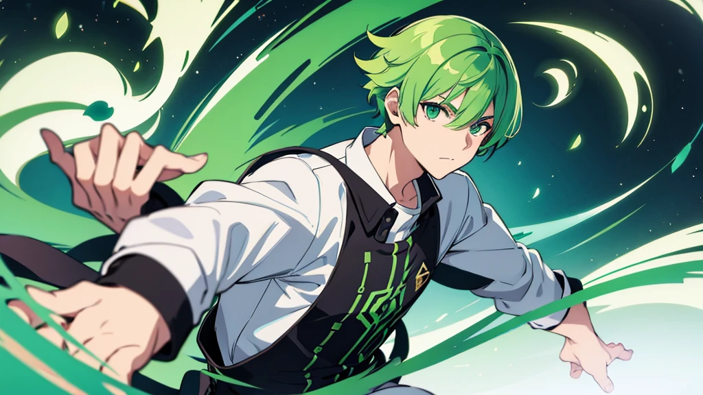 boy green hair gaming, background white
