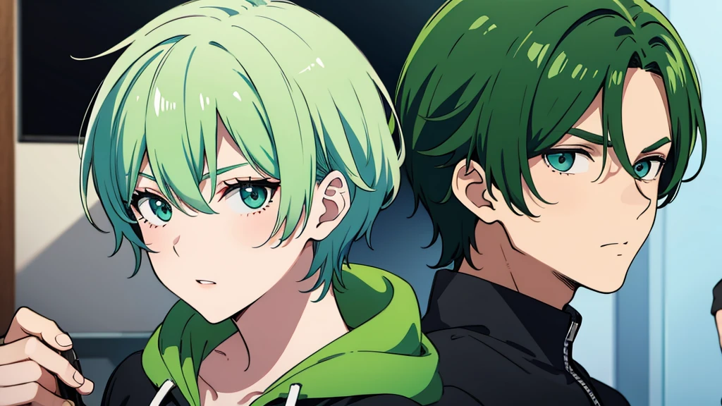 boy green hair gaming, background white