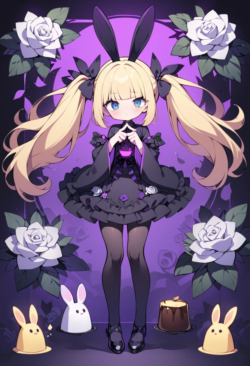 masterpiece, Highest quality, Neon Trim, Purple glow, Dark Theme, Pitch black, plastic, (Floral Background:1.2), Purple Background, Too many roses, Black Rose, White Rose, Twin tails, Rabbit ears, bangs, Blonde, blue eyes, blunt bangs, Gothic, Frills, race, Wide sleeves, Black Dress, pantyhose, shoes, Black footwear, One girl, alone, View your viewers, Holding, Are standing, whole body, Bring your index fingers together, 周囲にLiving things, (Pudding, Living things, Shaking, cute)