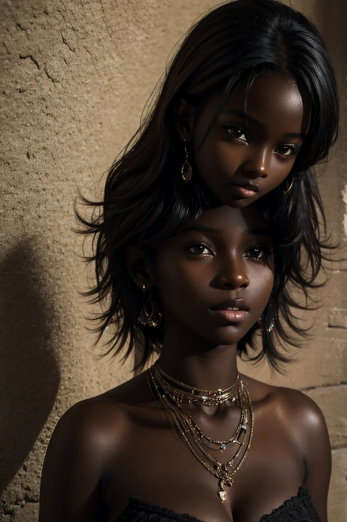 cute, Dark skin, teenager, beautiful face, deep ebony, showing breasts, SFW