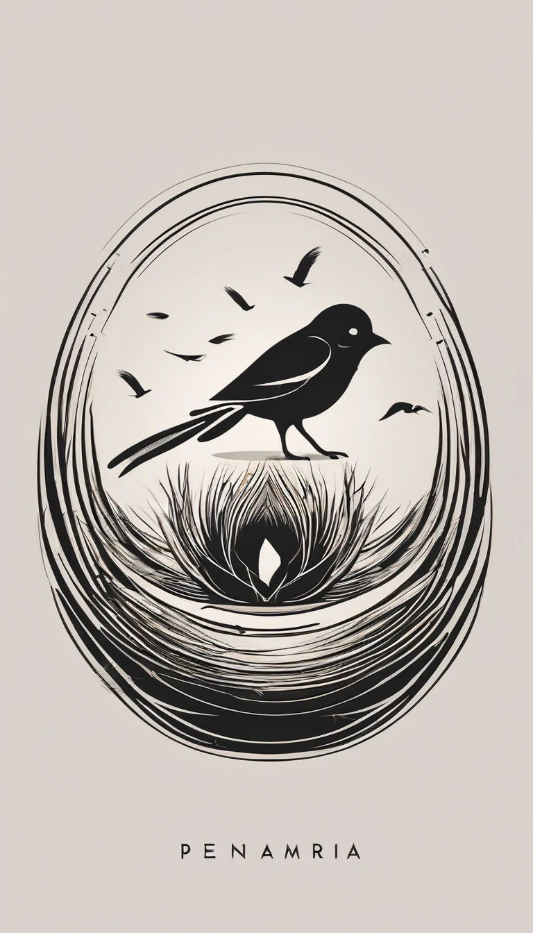 A minimal, modern, simple, cinematic logo design for the brand “Penamemoria". Create a modern, minimalistic, high-quality, logo of a boy inside a nest made of feathers. The logo must be a symbol for dreams, stories, memories, music and imagination.