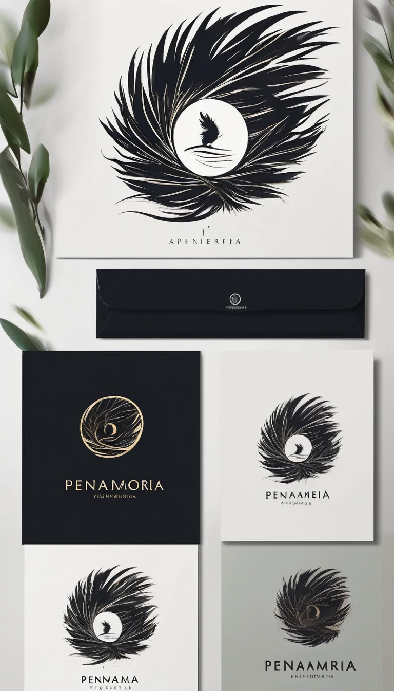 A minimal, modern, simple, cinematic logo design for the brand “Penamemoria". Create a modern, minimalistic, high-quality, logo of a boy inside a nest made of feathers. The logo must be a symbol for dreams, stories, memories, music and imagination.
