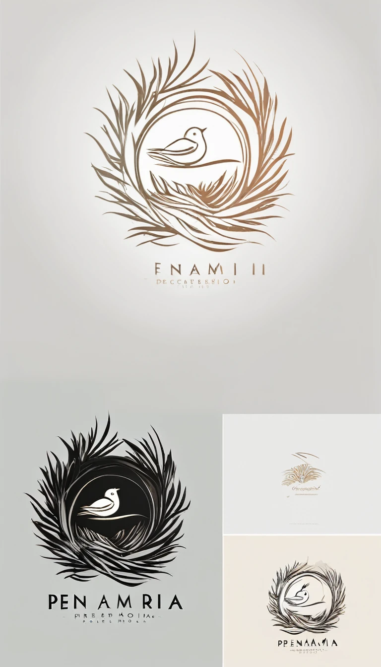 A minimal, modern, simple, cinematic logo design for the brand “Penamemoria". Create a modern, minimalistic, high-quality, logo of a boy inside a nest made of feathers. The logo must be a symbol for dreams, stories, memories, music and imagination.
