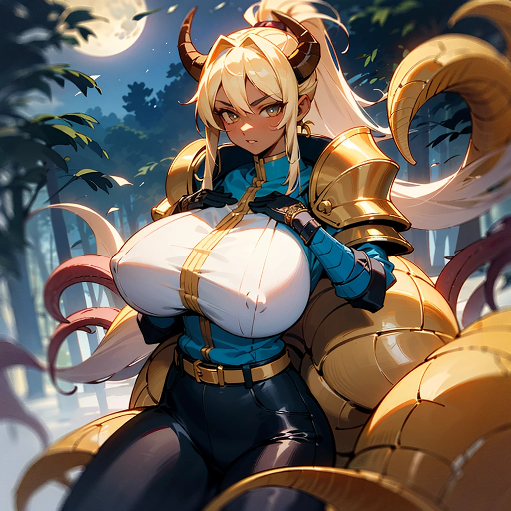 8k_wallpaper, extremely detailed eyes, extremely detailed body, 1girl,((perfect anatomy huge chest)), (intricate details:1.3), (ultra-detailed:1.3), (best quality:1.4), high quality, expressive eyes, full body, tall girl, detailed face, beautiful face, perfect face, detailed (blonde hair), (gold eyes), ((big red horns)), {{dark skin}}, ({dark skinned female}), gigantic , thick thighs, translucent blue veins on the body, strong abdominal muscles, strong leg muscles, strong arm muscles, ponytail hairstyle, wearing a blue coat with rolled up sleeves, steel belly heavy armor warrior, leather pants, leather steel gloves, wide a leather belt with gold yarn, female dragonite, female dryad, female octopus, tentacles, night under the light of the moon in a dense dark forest,