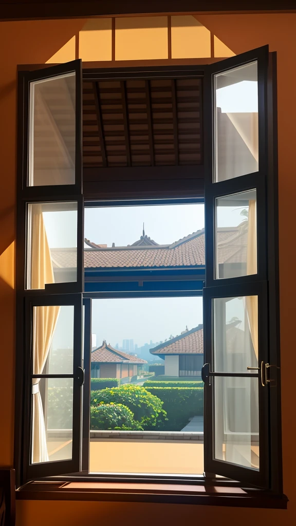 Outside view on a single window of the bungalo (villa), ((view from the outside)), light time of the day, midday, 4K quality, high-quality tinted window, one window, single window, [outside view], we looking at the window from the street
