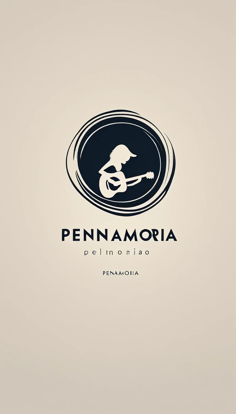 A minimal, modern, simple, cinematic logotype for the brand “Penamemoria". The logotype must be a simple, magical feather and a boy playing acoustic guitar. The logo must convey a sense of music, stories and dreams. Logo design impressed on a book cover. Minimalistic logo
