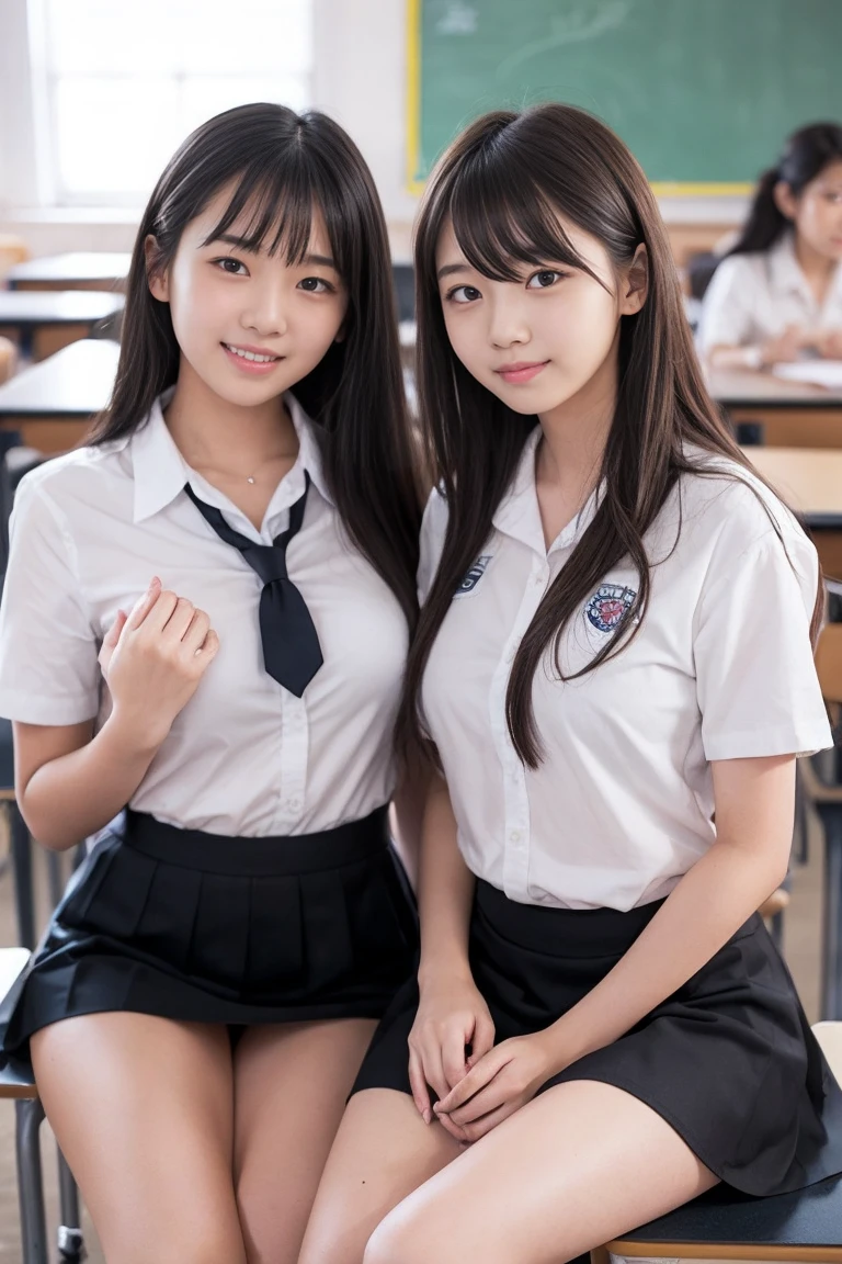 Two junior high school girls、、In the classroom、In the classroom、Black Skirt、White shirt、Black Hair、Asian、10th Generation、Two people are side by side、Sexy white panties、I flipped up my skirt、Cute Smile、Large Breasts、bangs、Inner thigh pose、Please hold your crotch with your hands、I invite you in、Female students pressing their breasts against each other、Shining thighs、whole body、Sit at a desk、
