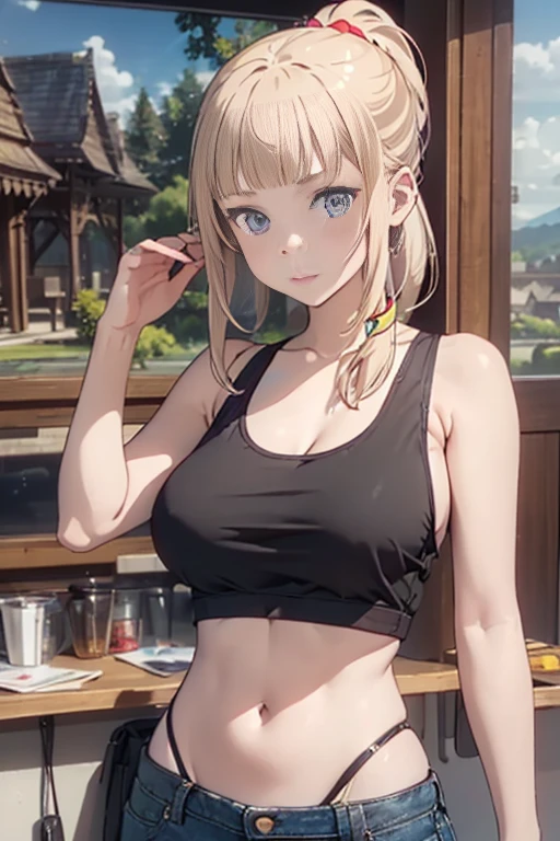 masterpiece、highest quality、Very detailed、An illustration、Beautiful fine details、One Girl、cute、Detailed landscape、Training Room Background:1.4、Platinum Blonde Hair、Braided Ponytail、Red camisole、((D cup breasts, Tank top showing underboob:1.3))