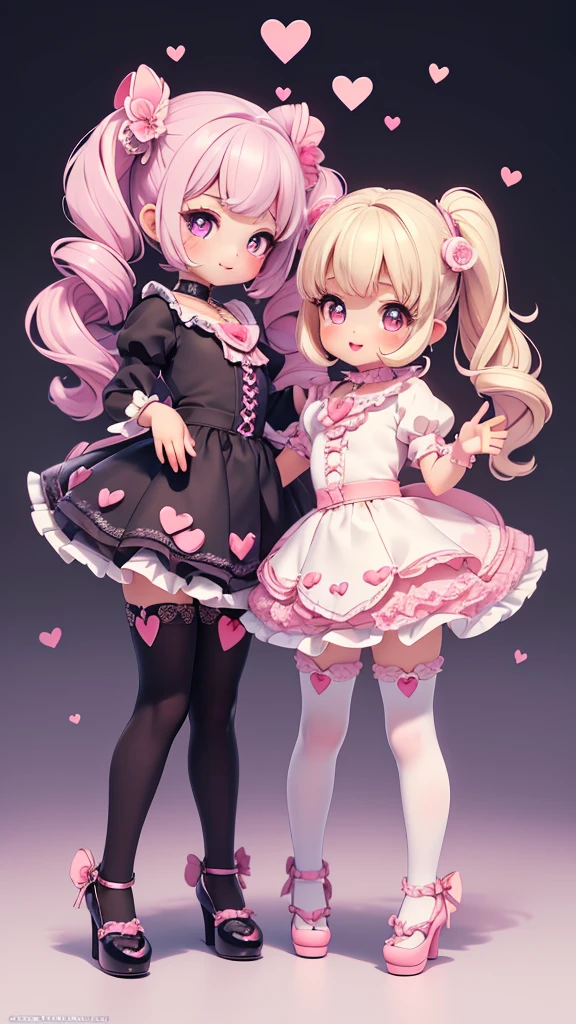 ((petite bishojo, little 2girls)), ((cute face)), ((heart shaped pupils)), ((masterpiece)), ((best quality)), ((ultra detailed)), ((exquisite)), ((depth)), ((crisp)), ((16k)), ((beautiful and aesthetic)), ((super detailed skin)), ((high standard)), ((highres)), ((perfect anatomy)), (full body), (blush), (lipstick), ((dolly)), (((kawaii pose))), (white, blue, black)