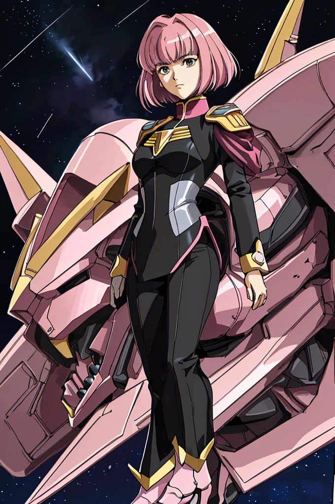 Highest quality, masterpiece, High resolution, alone, （Haman Khan），（機動戦士ZGundam），（Zeon_uniform），（Black‗Mantle），（pink_Hair Color），Gundam，Cybele，（Funnel）、Bob haircut，Bangs‗Hairstyle，Young Girl，Starry Sky_background，Anime Style, Highest quality, 4K, masterpiece,， alone, 1,whole body，looking at the camera, Shinkai Makoto style, Sharp Eyes，（Full Finger）, （Accurate fingertips）, （The finer details）, （Anatomically correct）, (映画のbackground), Hyper Detail, (Subtle details), (Intricate details),