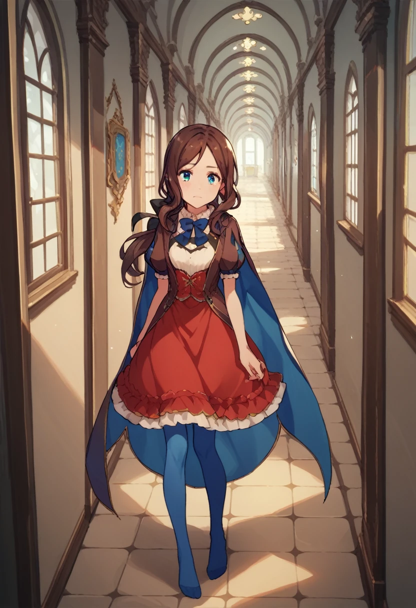 One girl, blue eyes, Long Hair, Brown Hair, Side Lock, Low Ponytail, ribbon, dress, White shirt, Puffy sleeves, Short sleeve, Red Skirt, Cape, Blue Pantyhose, Hallway with many doors