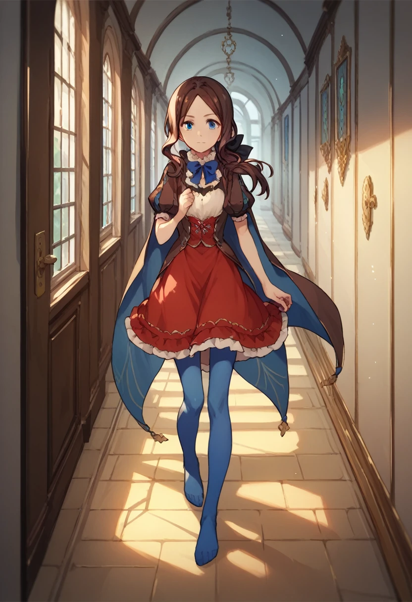 One girl, blue eyes, Long Hair, Brown Hair, Side Lock, Low Ponytail, ribbon, dress, White shirt, Puffy sleeves, Short sleeve, Red Skirt, Cape, Blue Pantyhose, Hallway with many doors