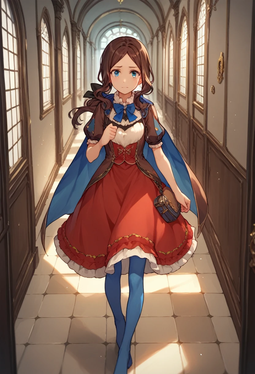 One girl, blue eyes, Long Hair, Brown Hair, Side Lock, Low Ponytail, ribbon, dress, White shirt, Puffy sleeves, Short sleeve, Red Skirt, Cape, Blue Pantyhose, Hallway with many doors