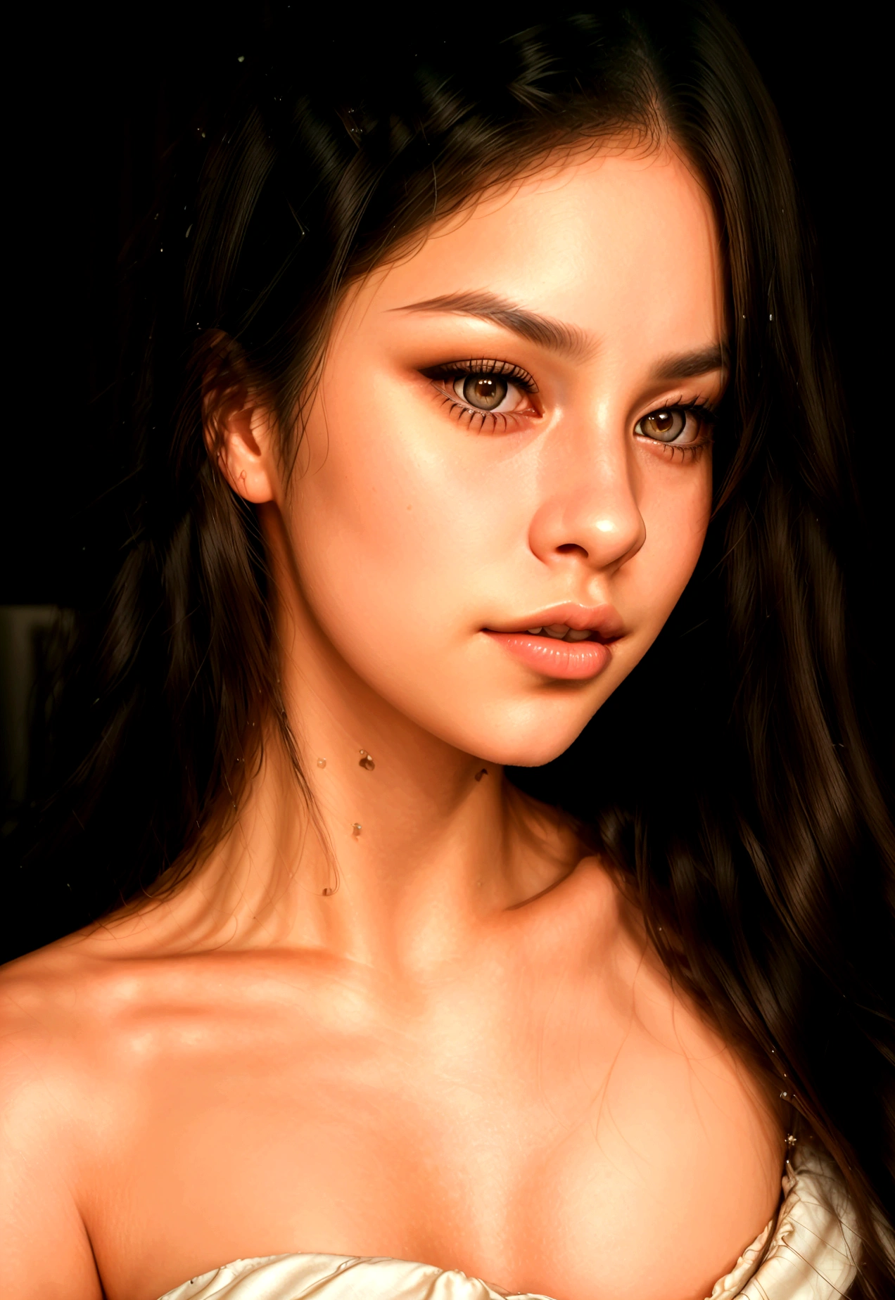 Create a realistic portrait of a young woman named Anika. She has long, dark hair styled straight and is wearing natural makeup that highlights her features. She has expressive dark eyes with a slight greenish hue and full lips, with a confident yet friendly demeanor. The background shows a modern indoor setting with warm lighting and contemporary decor, creating a sophisticated and inviting atmosphere. The lighting is natural, highlighting her facial features and adding a soft glow to the scene.