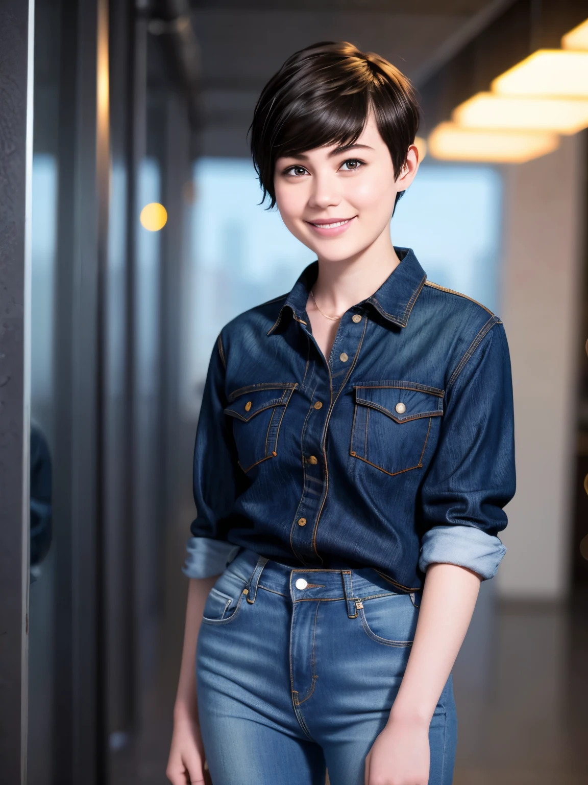 255 19-year-old female, (short hair),jeans, smile