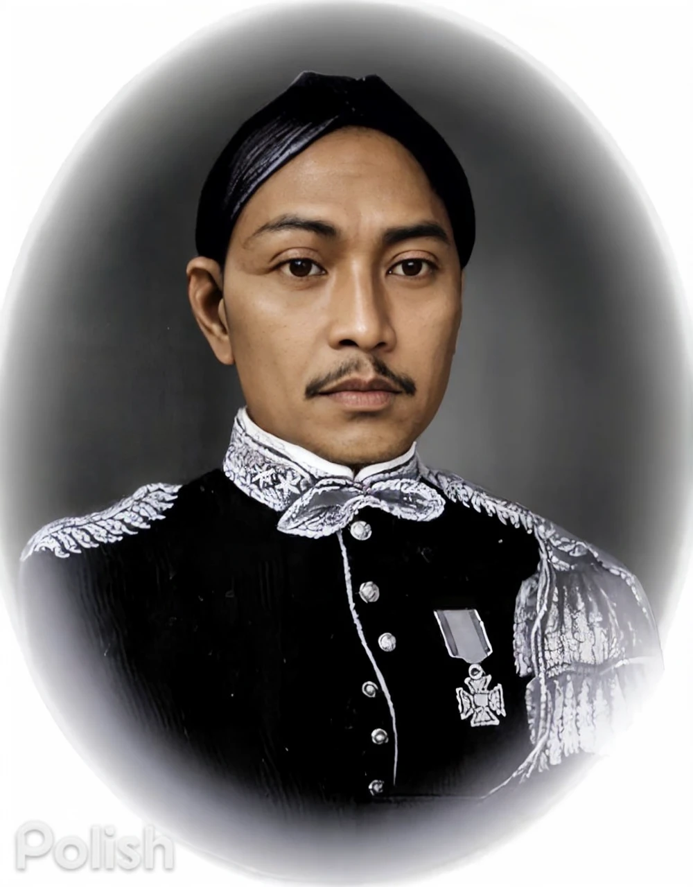 Indonesian Muslim man, wearing kanigaran type clothes with the nuances of a great king and blangkon type headgear, naturally wrinkled brown skin, aged 40 years or above, clear clean eyes, natural long eyebrows, thin mustache, closed mouth, realistic HD quality image.