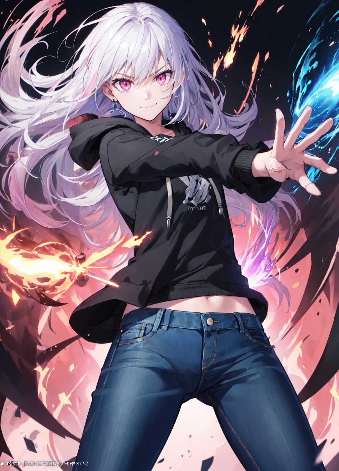 masterpiece, best quality, (extremely detailed CG unity 8k wallpaper), (best quality), (best illustration), (best shadow), absurdres, realistic lighting, (Abyss), beautiful detailed glow, anime, solo, 1girl, close up shot, dark sakura, pink eyes, white hair, herrscher, casual clothes, hoodie, t shirt, denim jeans, smile, serious expression, (aura, energy, battle stance:1.2), dynamic pose, metal, titanium, metal powers, Steel