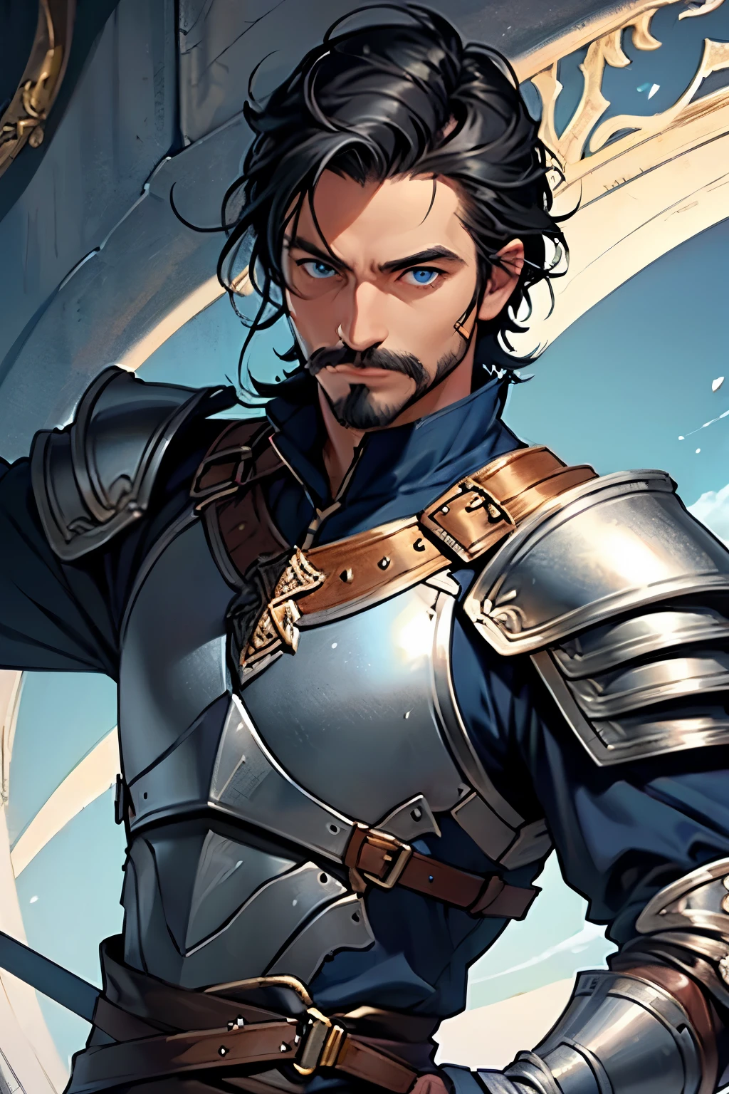 the bard, man, thin mustache, Blue eyes, light leather armor, rapier, black hair