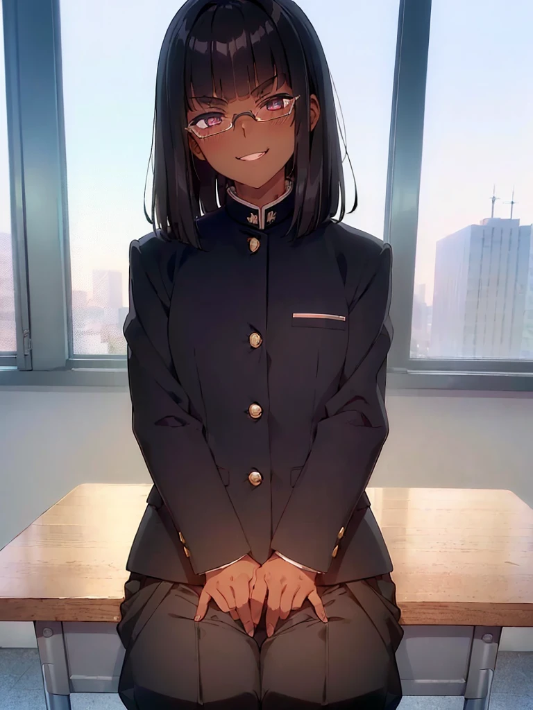 (1 girl solo),(dark skin:1.5),(masterpiece:1.2), highest quality, High resolution, unity 8k wallpaper, (fine and beautiful eyes:1.6), highly detailed face, perfect lighting, Detailed CG, (perfect hands, perfect ???????),20 years old, (black hair:1.3), detailed eyes, best quality, extremely detailed, very precise detailed, (glasses:1.4), , (straight hair:1.5), (evil smile:1.4) ,long sidelocks, (blush:1.3),(gakuran,long pants:1.5),(short Bobbed hair:1.4),(blunt bangs:1.4), (greaming skin:1.3),(in class room:1.3),(sit on desk:1.4),(spread legs),(flat chest:1.3),(open dakuran.shirt under gakuran:1.4)