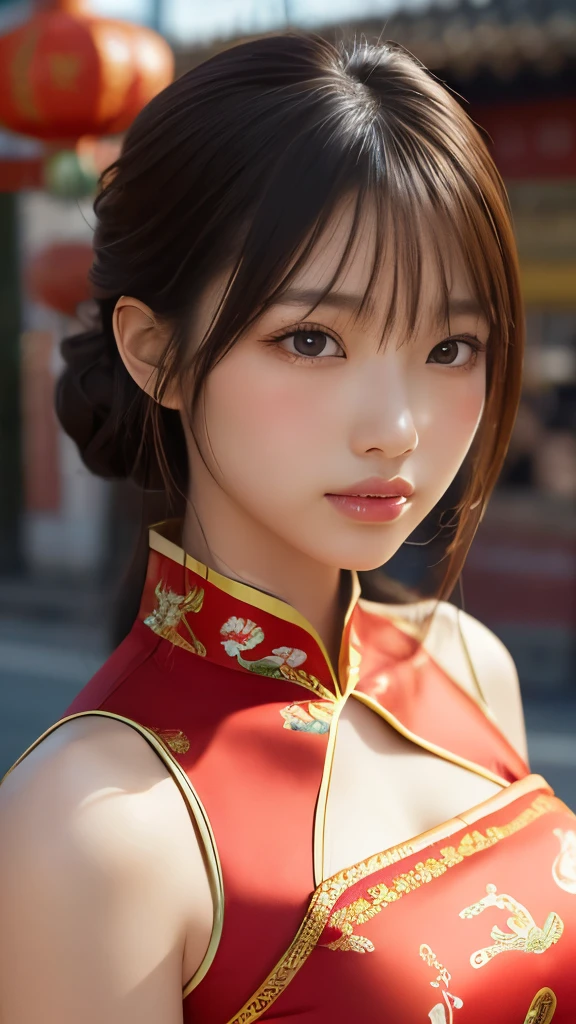 (Realistic: 1.4), (Highest quality: 1.4), Ultra-high resolution, (fine grain),((Sculpture Pose)),One Young Woman,Big Breasts,((Wearing a Chinese dress)),smile,Sunburn mark,Big eyes,Blushed,Highly detailed face and skin texture, Healthy Skin,(Chinatown),8K resolution