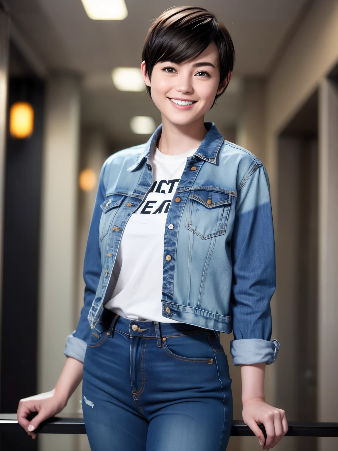 255 19-year-old female, (short hair),jeans, smile