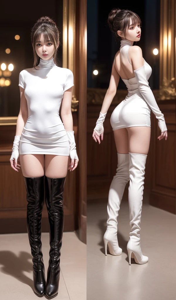 8K, masterpiece, RAW Photos, Highest quality, detailed:1.2),Realistic, Extremely detaileded CG unifies 8K, 8K, diamond, wallpaper, Written boundary depth, (Bright bedroom:1.2), Ray Tracing, (Very beautiful face, Beautiful Lips, Beautiful Eyes), intricate detailed face, ((ultra detaileded skin)) One Girl, Cute Korean Girl, K-POPアイドル,(Slim figure), ((Viewer Display)), (Bodycon mini dress),(High neck),(Injection Sleeve:1.1),(Silk mini dress:1.5) ,(Opera Gloves:1.5),(Knee-high boots:1.5),Cute Korean Girl,Clear Eyes,(Pale skin), (Big eyes), ((Full Body Shot:1.5)), Bodycon mini dress, Tight mini dress , Colorful mini dresses, Plain Dress, Turn back, Side Shot, Slim figure, Healthy Thighs, Thigh Gap、(Place your arms behind your head:1.3)、(Accentuate your butt:1.2)、Stick your butt out、(Big Ass)、Curvaceous、(From directly behind:1.4)、(Big hip crack), ( Bare back), Beautiful back