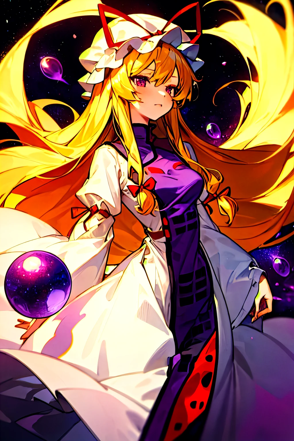 masterpiece, best quality, 1 Girl, Solitary, Long blond hair，Yakumo Yukari walks out of space surrounded by purple gems