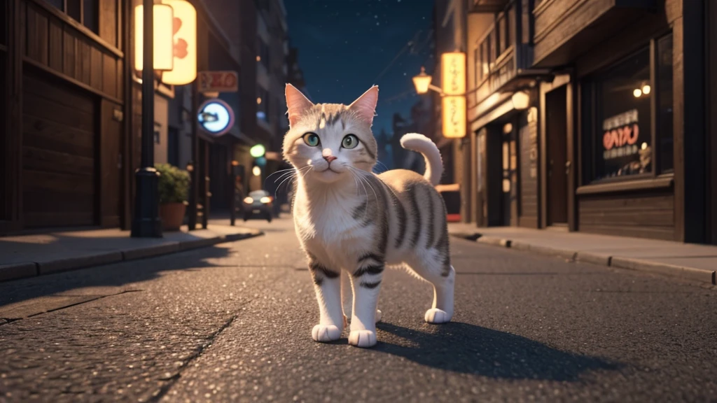 {{{3d pixar風ねこの漫画キャラクター}}},A cat walking through a quiet night city,Animation-style rendering, {{{3d pixar}}},toon render keyshot, 3D Characters, Close-up Character, Character pose, (Pixar Style) (Master Parts:1.2) (Bokeh) (Highest quality) (Fine skin) (Fine texture) (8K) (clay) (Cinema Lighting) (Sharp focus)