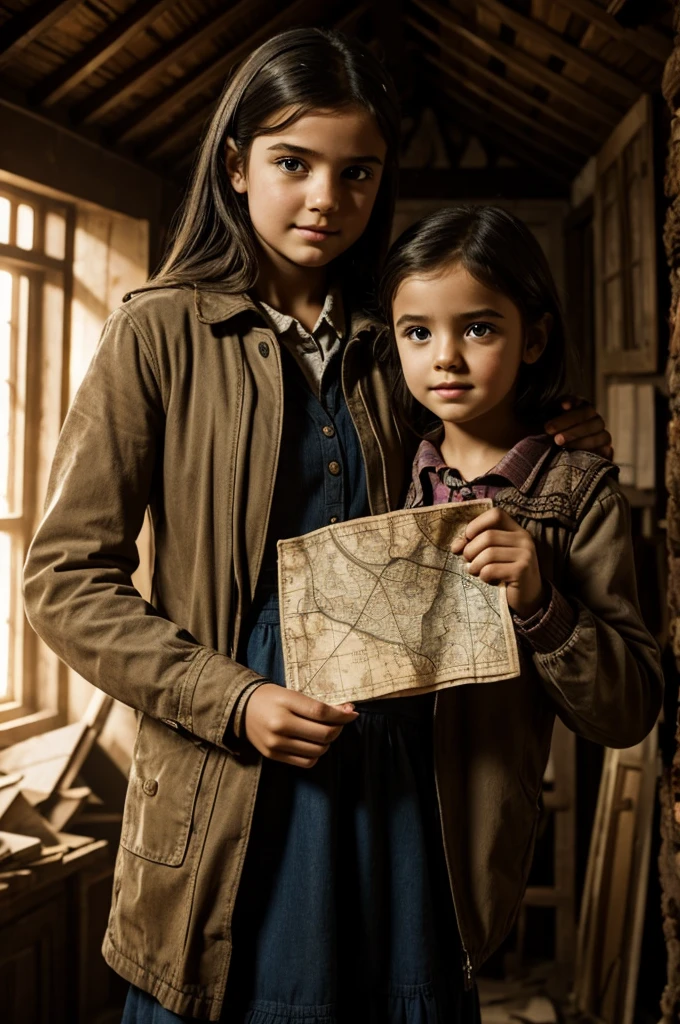 A young girl, Lila, in a dusty attic, holding an old, worn map with mysterious symbols.