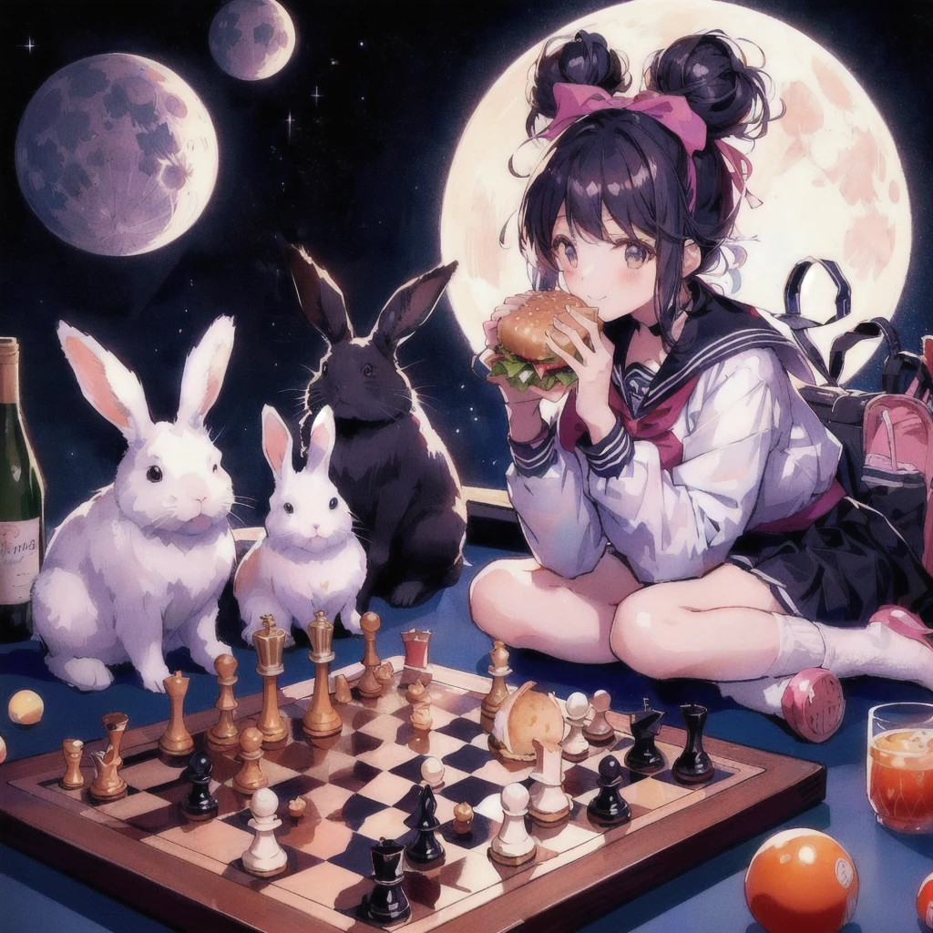 Anime girl with burger and rabbit on the moon, smile,Earth in the sky,chess,wine,Anime Food, 80s anime art style, Anime Wallpaper,, Kantai Collection Style, Official artwork, Anime-style illustrations, Anime Cover, High quality anime art style, Trending Anime Art, 80s anime style
