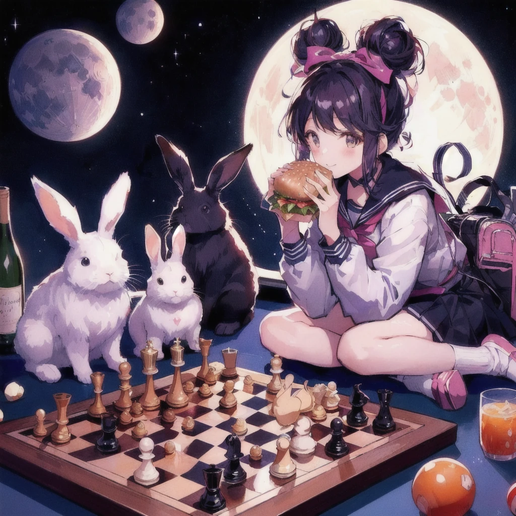 Anime girl with burger and rabbit on the moon, smile,Earth in the sky,chess,wine,Anime Food, 80s anime art style, Anime Wallpaper,, Kantai Collection Style, Official artwork, Anime-style illustrations, Anime Cover, High quality anime art style, Trending Anime Art, 80s anime style