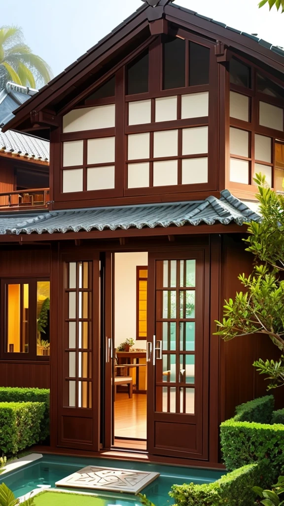 One (single) window of the bungalo, (look from the outside), look from the outside the bungalo (villa)