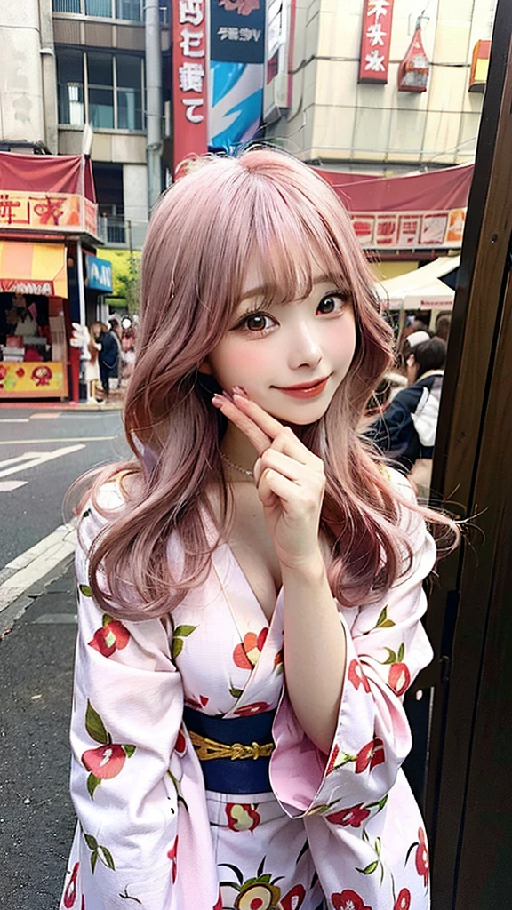 An anime-style illustration of the same woman with long pink hair and E-cup breasts, happily greeting someone (viewer’s perspective) at a festival. She is still in her yukata, with colorful stalls and a lively festival crowd in the background.