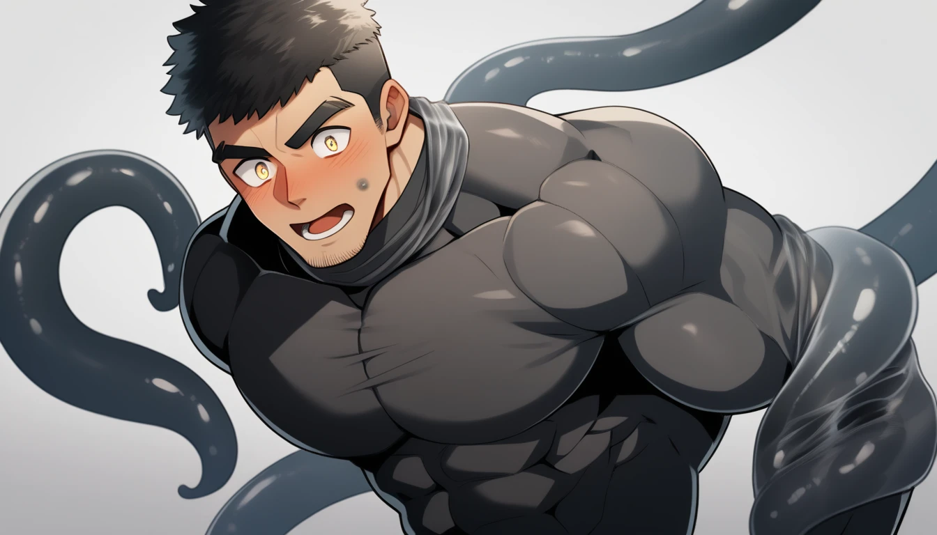 anime characters：Superhero in tights, negro black skin, He was entangled by a large number of thick black tentacles, Very stout, Slime Slug, Lots of mucus, Wrap around the neck, Tightly tied, Manliness, male focus, Yellow and black high collar long sleeve tight T-shirt, Slightly transparent material, Very tight, Round, full and perky chest muscles, Male dog waist, Slightly transparent, muscular male, muscular, only, Upper body, alone, Black short hair, Thick eyebrows, stubble, Yellow eyes, Grey background, simple background, amazing quality, best aesthetics, Ridiculous, bright pupils, crew cut, parted lips, blush, open mouth, scared, drop shadow, best quality